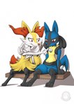 anthro blue_body blush duo female fur logo male nude shadow simple_background sitting smile touching_another white_background yellow_body yellow_fur mysticalpha nintendo pokemon braixen canid generation_4_pokemon generation_6_pokemon lucario mammal pokemon_(species) 2021 artist_logo hi_res