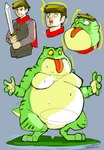 anthro belly big_belly bodily_fluids capelet clothed clothed_to_nude clothing dewlap_(anatomy) green_body green_skin gular_sac hair holding_melee_weapon holding_object holding_sword holding_weapon human_to_anthro lily_pad looking_down_at_self male melee_weapon moobs obese obese_anthro obese_male open_mouth overweight overweight_anthro overweight_male plant solo species_transformation standing striped_body striped_skin stripes surprise sweat sweatdrop sword tongue tongue_out transformation transformation_sequence weapon weight_gain coolietf amphibian frog human mammal hi_res sequence