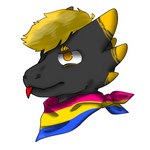 accessory anthro black_body blep blonde_hair flared_nostrils frown hair head_markings kerchief lgbt_pride looking_away male markings multicolored_kerchief multicolored_neckerchief multicolored_neckwear neckerchief neckwear no_pupils pansexual_pride_colors pride_color_accessory pride_color_bandanna pride_color_kerchief pride_color_neckerchief pride_color_neckwear pride_colors scales short_stack simple_background solo tongue tongue_out white_background yellow_body yellow_scales rox_(roxthekobold) kobold 1:1 headshot_portrait hi_res portrait