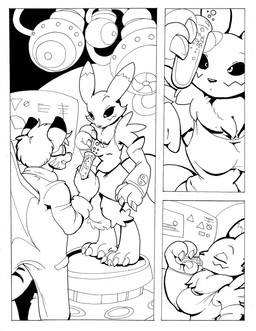 anthro breasts bubble claws clothed clothing coat drinking duo eyewear female fur gloves goggles hair handwear lab_coat laboratory liquid male membrane_(anatomy) membranous_wings paws potion science shirt tank_top topwear wings rabid bandai_namco digimon demont canid canine digimon_(species) felid mammal renamon comic monochrome
