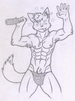 alcohol anthro armpit_hair beverage body_hair bottle bulge clothed clothing container cross cross_necklace drunk ear_piercing holding_bottle holding_container holding_object jewelry male muscular muscular_anthro muscular_male necklace piercing pubes solo substance_intoxication tail thong underwear nestolious canid canine canis domestic_dog felid husky mammal nordic_sled_dog spitz monochrome