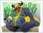 after_vore anthro anthro_pred anthro_prey balls big_balls big_penis body_hair bone bone_disposal burping burping_up_bones burping_up_object burping_up_skull collar death digestion erection facial_piercing fatal_vore genitals happy_trail holding_belly horn male male_pred mane muscular muscular_anthro muscular_male nipples nose_piercing nose_ring onomatopoeia overweight overweight_anthro overweight_male penis piercing ring_piercing sharp_teeth skull solo sound_effects spiked_collar spikes teeth text vore trpcafterdark european_mythology greek_mythology mythology avian bovid bovine mammal minotaur digital_media_(artwork) hi_res