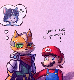 anthro blue_body blue_fur blue_hair blush clothed clothing duo embarrassed facial_hair female fur hair hat headgear headwear humor male thinking_about_another thought_bubble white_body white_fur lylatsistem illumination_entertainment mario_bros nintendo star_fox the_super_mario_galaxy_movie fox_mccloud krystal_(star_fox) mario canid canine canis fox human mammal 2026 digital_media_(artwork)