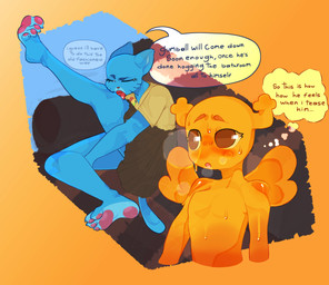 2_horns 4_toes accessory adolescent age_difference anthro antlers arm_tuft barefoot bent_leg big_eyes big_iris biped black_eyes black_markings black_sofa black_text blue_body blue_claws blue_ears blue_eyebrows blue_fur blue_inner_ear blue_tail blue_text blush blush_lines bodily_fluids brown_eyes brown_text claws clothed clothed/nude clothed_anthro clothed_female clothing decorative_pin dialogue duo elbow_tuft ellipsis eyebrows eyelashes featureless_chest feet female flat_chested fully_clothed fully_clothed_anthro fully_clothed_female fur fur_tuft furniture glistening glistening_bodily_fluids glistening_eyes glistening_pawpads glistening_shoulders glistening_sweat glistening_tongue heart_in_mouth heart_symbol horn humanoid_feet insect_wings iris leg_lick leg_tuft licking light_body light_fur long_eyelashes looking_at_another markings mature_anthro mature_female musk musk_cloud name_drop name_in_dialogue no_pupils nude nude_female nude_humanoid older_anthro older_female on_sofa one_eye_closed one_eye_mostly_closed open_mouth orange_blush orange_eyebrows pawpads pin_accessory pin_button pink_pawpads plantigrade pointy_ears prick_ears raised_eyebrow raised_leg red_heart red_nose red_tongue self_lick shirt sitting sitting_on_sofa sofa speech_bubble standing sweat sweaty_body tail talking_to_another talking_to_self teeth text thick_eyebrows thick_thighs thigh_lick thigh_tuft thinking thought_bubble three-quarter_view toe_claws toes tongue tongue_bath tongue_out topwear tuft whisker_markings white_sclera white_speech_bubble wings yellow_antlers yellow_body yellow_clothing yellow_sclera yellow_shirt yellow_thought_bubble yellow_topwear yellow_wings young young_female young_humanoid younger_female younger_humanoid sliceofpie cartoon_network the_amazing_world_of_gumball nicole_watterson penny_fitzgerald domestic_cat fairy felid feline felis humanoid mammal 2026 absurd_res artist_name digital_drawing_(artwork) digital_media_(artwork) english_text hi_res signature