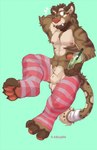 4_toes abs animal_genitalia anthro balls bandage bandaged_tail beverage brown_body bubble_tea claws clothing fangs feet felid feline fully_sheathed genitals green_background green_eyes hand_behind_head hi_res hindpaw holding_beverage holding_object jason_(mestiso) kaomoroart legwear looking_away male mammal markings muscular muscular_anthro muscular_male nails nipples one_eye_closed pattern_clothing pattern_legwear pawpads paws pecs pink_clothing pink_legwear pink_pawpads saber-toothed_tiger sheath simple_background solo spots spotted_markings spotted_tail stockings striped_body striped_clothing striped_legwear stripes tail tail_markings tan_body teeth thigh_highs toes