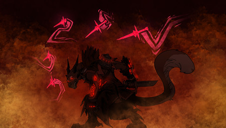 4_ears 4_horns angry anthro clothed clothing dagger female fluffy fluffy_tail gloves handwear holding_dagger holding_melee_weapon holding_object holding_weapon horn looking_at_viewer looking_back looking_back_at_viewer magic_weapon melee_weapon multi_ear multi_horn red_eyes solo tail weapon bean-interests guild_wars charr felid mammal hi_res