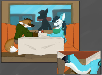 booth booth_seating breasts cafe container cup female furniture male mug table tail tail_mouth unusual_anatomy unusual_tail sarek_aran_desian canid canine mammal absurd_res hi_res
