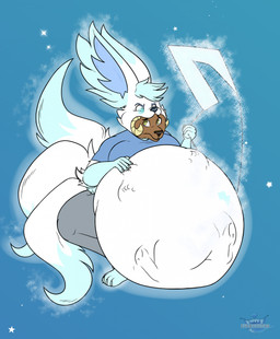 anthro belly big_belly blue_background blue_eyes blue_hair brown_body duo feet_first female hair huge_belly oral_vore simple_background star tail vore white_belly white_tail itskirothefox canid canine fennec_fox fox mammal true_fox 2026 hi_res watermark