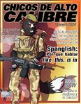 anthro black_body black_fur clothing fur gun looking_at_viewer male military_uniform pose ranged_weapon smile smiling_at_viewer solo text uniform weapon ralexia sydney_onmars canid canine canis mammal wolf hi_res pinup spanish_text translated