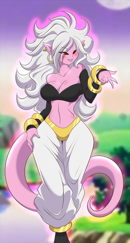 anklet arm_warmers armwear bare_shoulders big_breasts black_sclera blush bra bracelet breasts cleavage clothed clothing curvy_figure ear_piercing female grin hair humanoid_pointy_ears jewelry long_hair looking_at_viewer navel not_furry piercing pink_body pink_skin pink_tail pointy_ears red_eyes smile solo strapless_bra strapless_clothing strapless_underwear tail teeth thick_thighs translucent translucent_hair underwear white_hair wide_hips mastergodai dragon_ball dragon_ball_fighterz dragon_ball_z android_21 majin_android_21 alien alien_humanoid humanoid majin 2018 hi_res