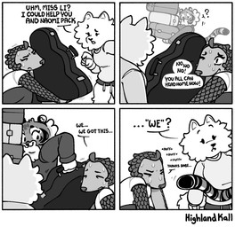 anthro black_text bodily_fluids bottomwear breath cheek_tuft clothing comic_panel dialogue ellipsis eyes_closed facial_tuft female female/female fluffy frown fur grey_bottomwear grey_clothing group guitar_case holding_object hunched_over leg_tuft looking_at_another looking_at_partner moving moving_boxes offering_help panting pawpads pseudo_hair quotation_marks romantic romantic_couple scale_hair scales shirt shorts strong_female struggling_to_lift suitcase sweat sweatdrop text topwear trio tuft white_body white_clothing white_ears white_fur white_hands white_inner_ear white_legs white_shirt white_topwear worried highlandkall li_(highlandkall) naomi_(highlandkall) canid canine canis domestic_dog felid mammal pangolin pantherine pomeranian spitz tiger 2025 character_request comic digital_drawing_(artwork) digital_media_(artwork) english_text hi_res monochrome signature
