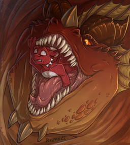 ambiguous/ambiguous ambiguous_gender anthro bodily_fluids duo forked_tongue horn looking_back multicolored_body orange_eyes overweight red_body red_scales saliva scales scared sharp_teeth teeth tongue vore deezmo dungeons_and_dragons hasbro mythology wizards_of_the_coast themberchaud dragon mythological_creature mythological_scalie scalie 2023 hi_res signature