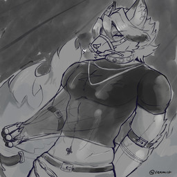 anthro bedroom_eyes belt chain flower heart_symbol jewelry male narrowed_eyes necklace piercing plant rose_(flower) seductive smile smirk solo venmist mihoyo zenless_zone_zero von_lycaon canid canine canis mammal thiren wolf 1:1 greyscale hi_res monochrome sketch unfinished