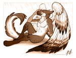 animal_genitalia anthro athletic feathered_wings feathers feet fur genitals leg_markings male markings nude penis penis_tip pose sheath simple_background sitting solo striped_markings stripes talons thigh_markings toes wings pocketdemon mythology barski avian bird gryphon mythological_avian mythological_creature 2022 hi_res monochrome pinup sketch