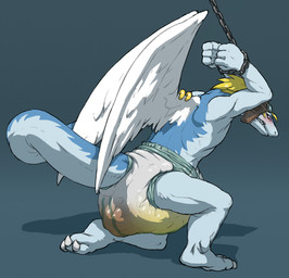 3_toes 4_fingers anthro bdsm biped blonde_hair blue_body blush bodily_fluids bondage bound chain chained claws clothed clothing diaper embarrassed feathered_wings feathers feces feet fingers furgonomic_piercing furgonomics genital_fluids hair hands_tied headgear headwear long_tail male piercing sagging_diaper simple_background soiled_diaper soiling solo tail toe_claws toes topless unclean_diaper urine used_diaper wearing_diaper wet_diaper wing_piercing wings crackajackin legendz mythology shiron dragon mythological_creature mythological_scalie scalie 2014 digital_media_(artwork)