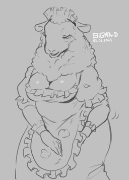 anthro apron big_breasts biped blush breasts cleavage clothed clothed_anthro clothing eyelashes eyes_closed female female_anthro fingers front_view fur grey_background maid_headdress maid_uniform neck_tuft open_mouth simple_background solo standing text tuft uniform wool_(fur) sigma-d bovid caprine mammal sheep 2023 artist_name dated digital_drawing_(artwork) digital_media_(artwork) greyscale hi_res monochrome