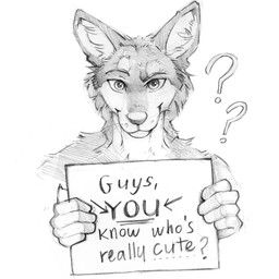 anthro arm_tuft cheek_tuft closed_smile facial_tuft front_view glistening glistening_eyes holding_object holding_sign inner_ear_fluff looking_at_viewer male mouth_closed neck_tuft nude question_mark shoulder_tuft sign simple_background smile solo text tuft unsigned whiskers akatan_art canid canine fox mammal bust_portrait english_text greyscale hi_res monochrome portrait traditional_media_(artwork)