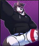 anthro beard black_clothing black_hoodie black_topwear blep briefs bulge clothing drawyourfursona facial_hair hoodie hoodie/briefs_meme male muscular muscular_anthro muscular_male sitting solo tongue tongue_out topwear underwear white_clothing white_underwear mafekoba meme_clothing krowlfer canid canine canis mammal wolf meme