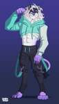 abs anthro clothed clothing male purple_background simple_background smile solo standing charmrage felid lion mammal pantherine 2021 digital_media_(artwork) hi_res