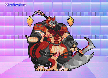 abs anthro armpit_hair ball_tuft balls barazoku belly_hair big_muscles big_pecs body_hair bracelet cape chain chain_necklace chest_hair chest_tuft clothing costume ear_piercing ear_ring feet fire genital_piercing genitals gradient_background hair happy_trail huge_pecs humanoid_genitalia humanoid_penis idle_animation jewelry legwear long_ears male mask moobs multicolored_body muscular muscular_anthro muscular_male necklace nipple_piercing nipples pecs penis penis_piercing piercing pubes ring_piercing simple_background solo tail thigh_highs tuft weapon morinetsu mugen ren_(daikitei) canid canine canis mammal wolf animated digital_media_(artwork) loop pixel_(artwork) pixel_animation