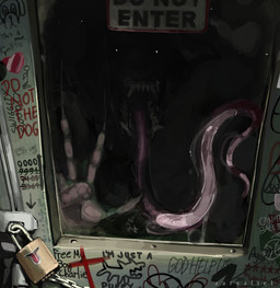ambiguous_gender anthro biped claws detailed_background door graffiti group horror_(theme) lock locked_up long_tongue padlock sharp_teeth sign solo teeth teratophilia text tongue zarzaliel mythology please_do_not_the_cat canid canine mammal monster mythological_canine mythological_creature werecanid werecanine werecreature werewolf 2025 english_text hi_res