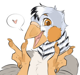 ambiguous_gender anthro beak black_body brown_eyes claws eyebrows feathered_wings feathers fingers front_view gesture grey_body grey_feathers hand_gesture heart_symbol looking_at_viewer male multicolored_body multicolored_feathers nude open_beak open_mouth open_smile orange_beak orange_body orange_eyes pink_tongue simple_background smile solo speech_bubble stripes tongue tuft v_sign white_background white_body white_feathers wings yellow_beak hakiiru euron avian bird zebra_finch 2025 bust_portrait digital_media_(artwork) portrait