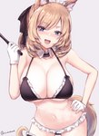 big_breasts blonde_hair blue_eyes breasts clothed clothing female fluffy fluffy_tail front_view fur gloves hair hand_on_hip handwear headgear holding_object inner_ear_fluff light_body light_skin looking_at_viewer navel smile solo tail tuft underwear white_body white_fur sirazawa arknights hypergryph studio_montagne whislash_(arknights) animal_humanoid equid equid_humanoid equine equine_humanoid horse_humanoid humanoid mammal mammal_humanoid 2021 hi_res