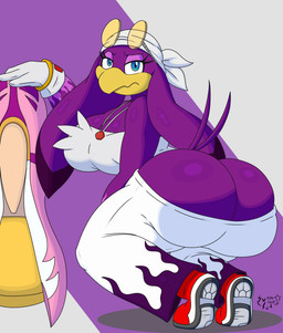 anthro bandeau beak big_breasts big_butt blue_eyes bottomwear breasts butt butt_cleavage clothed clothing eyelashes feathers female footwear gloves handwear headgear headwear huge_breasts huge_butt medium_breasts non-mammal_breasts pants purple_body red_clothing red_footwear red_shoes shoes solo tail tail_feathers thick_thighs topwear white_bandeau white_bottomwear white_clothing white_pants white_topwear rinarooni sega sonic_riders sonic_the_hedgehog_(series) wave_the_swallow avian babylonian_(sonic) bird hirundinid oscine passerine swallow_(bird) absurd_res hi_res