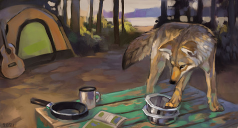 acoustic_guitar black_nose black_tail_tip book bowl camp camping_tent campsite container cookware cup dipstick_tail dirt feral forest frying_pan fur grass grey_body grey_fur guitar kitchen_utensils lake markings mug multicolored_body multicolored_fur musical_instrument pallet pan plant plucked_string_instrument quadruped solo string_instrument tail tail_markings tan_body tan_fur tent tools tree white_body white_fur alexpahomov canid canine canis coyote mammal 2021 digital_media_(artwork) digital_painting_(artwork) hi_res painting_(artwork)