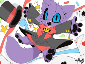 3_toes 4_fingers ace_of_hearts ace_of_spades anthro biped black_clothing black_coat black_pawpads black_sclera black_topwear blue_eyes bow_tie cheek_tuft clothed clothing coat dress facial_tuft fangs feet fingers fluffy fluffy_tail fur hat headgear headwear looking_at_viewer male midair monotone_body open_mouth open_smile pawpads purple_body purple_fur red_bow_tie smile solo spread_eagle tail teeth text toes tongue top_hat topwear tuft presto_(artist) domestic_cat felid feline felis mammal 2023 4:3 artist_name sketch