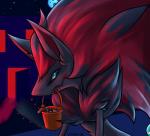 anthro blood bodily_fluids building detailed_background excited hair holidays house long_ears moon neighborhood night outside sky smile solo star starry_sky trick-or-treating sinna_roll halloween nintendo pokemon generation_5_pokemon pokemon_(species) zoroark 2019 digital_media_(artwork) hi_res