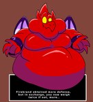 belly big_belly bloated bracelet cheek_bulge empty_eyes featureless_chest humanoid_pointy_ears jewelry male membrane_(anatomy) membranous_wings overweight overweight_male red_body solo text text_box wings comicfiruko capcom demon's_crest gargoyle's_quest ghosts_'n_goblins firebrand demon gargoyle red_arremer digital_media_(artwork) english_text