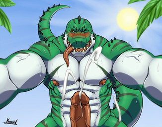 abs beach biceps blush bodily_fluids cum cumshot ejaculation erection genital_fluids genitals looking_at_viewer male muscular muscular_male nipples nude one_eye_closed orgasm penis plant seaside smile solo sun sweat tongue tongue_out tree urethra wink yellow_eyes kraidhiel bryan_(kraidhiel) crocodile crocodilian reptile scalie 2018 hi_res