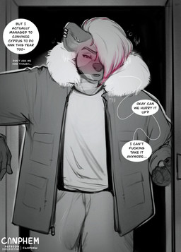 anthro blush bottomwear breath bulge clothed clothed_anthro clothing coat dialogue dominant dominant_male hair hair_over_eye male nipples nude orgasm_denial panting pants piercing profanity text topwear winter_coat canphem conditional_dnp no_nut_november canid canine hyena mammal comic english_text hi_res meme