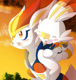 ambiguous_gender anthro backpack blush carrying_another duo fur happy male outside piggyback sunset white_body white_fur young okuyami_kitsune nintendo pokemon cinderace generation_8_pokemon lagomorph mammal pokemon_(species) scorbunny father_(lore) father_and_child_(lore) parent_(lore) parent_and_child_(lore)