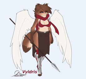 anthro armor belt boots bottomwear bra breasts brown_body brown_fur brown_hair claws clothing female fluffy fluffy_ears fluffy_tail footwear frown fur hair loincloth looking_at_viewer melee_weapon orange_eyes polearm scowl shoes solo spear standing tail underwear weapon wide_hips wings fuzzikayu european_mythology mythology norse_mythology vyldris_(fuzzikayu) gulonine mammal marten mustelid musteline valkyrie absurd_res hi_res