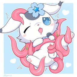 anal anal_penetration balls biped bipedal_feral blue_background blue_eyes blush blush_stickers bodily_fluids border cheek_tuft facial_tuft feet feral flower_on_head front_view fur fur_tuft genitals glistening glistening_tentacles grey_body grey_fur hindpaw jewelry male male_feral markings necklace one_eye_closed open_mouth paws penetration penis pink_penis pink_tentacles pivoted_ears saliva scut_tail sex shaking short_tail simple_background solo spots spotted_body spotted_fur suspended_via_tentacles suspension tail tapering_penis tentacle_in_ass tentacle_penetration tentacle_sex tentaclejob tentacles tremble_spikes trembling tuft white_body white_border white_fur zyuuniie ageam_(sylvtasticalsylveon) lagomorph leporid mammal rabbit 1:1 2026 cel_shading digital_drawing_(artwork) digital_media_(artwork) hi_res shaded