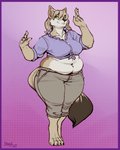 anthro back_rolls belly belly_overhang belly_rolls big_breasts border breasts clothed clothing digitigrade female looking_at_viewer love_handles medium_breasts muffin_top overweight overweight_female pear-shaped_figure purple_border simple_background solo thick_thighs wide_hips greasymojo sandra_(foxcall) canid canine canis coyote mammal 2020 absurd_res hi_res