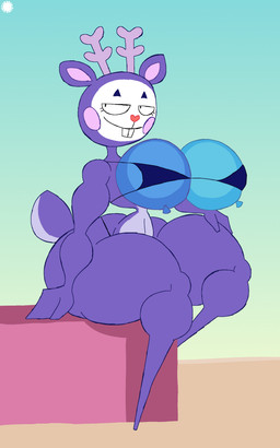 anthro antlers balloon balloon_breasts bedroom_eyes belly big_butt bikini bottom_heavy bra buckteeth butt clothing countershade_belly countershade_tail countershading curvy_figure eyelashes fake_breasts featureless_feet feet femboy fur heart_nose heart_symbol horn inflatable logo looking_at_viewer makeup male narrowed_eyes navel purple_body purple_fur seductive sitting smile solo swimwear tail teeth text thick_thighs thong_straps two-piece_swimsuit underwear wide_hips thatdawgmurray happy_tree_friends mime_(htf) deer mammal absurd_res aliasing artist_logo artist_name digital_media_(artwork) hi_res signature