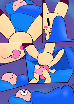 anthro bedding black_ear_tips black_eyes blanket blue_blanket blue_pillow blush blush_stickers clothing dipstick_ears duo ear_markings erection_under_blanket eyes_closed female female_anthro female_on_human fur hand_on_cheek hand_on_own_cheek human_on_anthro interspecies licking licking_lips licking_own_lips lying male male/female male_human male_on_anthro multicolored_ears on_back open_:3 open_mouth open_smile panties pillow pink_blush pink_clothing pink_panties pink_tongue pink_underwear round_tail short_tail sleeping smile tail tan_body tan_skin tongue tongue_out two_tone_ears under_blanket underwear vertical_bar_eyes white_sclera wide_eyed yellow_body yellow_ears yellow_fur yellow_tail mark_m animal_yokocho iyo human lagomorph leporid mammal rabbit 2017 comic digital_media_(artwork) hi_res