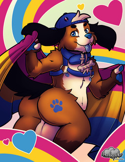 anthro backsack backwards_hat balls bean_eyebrows blue_eyes blue_pawpads blue_tongue bondage_gear butt clothing collar footprint genitals hat headgear headwear lgbt_pride looking_at_viewer male nipples pansexual_pride_colors pawpads pawprint pride_color_flag pride_colors slightly_chubby solo tongue tongue_out axelspike bird_dog canid canine canis cocker_spaniel domestic_dog hunting_dog mammal spaniel