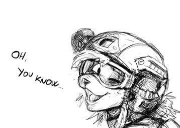anthro dialogue eyewear female goggles military_helmet one_eye_closed open_mouth open_smile smile solo text wink hladilnik samantha_thott canid canine canis domestic_dog mammal 2025 comic english_text hi_res monochrome sketch