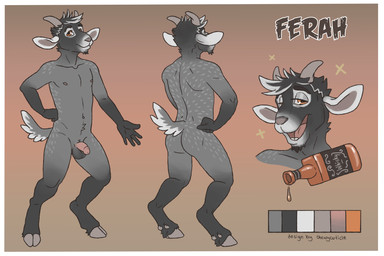 5_fingers alcohol alcohol_bottle anthro balls beverage beverage_bottle border bottle brown_background brown_eyes butt circumcised cloven_hooves color_swatch container drunk fingers flaccid fur genitals gloves_(marking) gradient_background grey_body grey_fur hooves horn humanoid_genitalia humanoid_penis leg_markings male markings open_mouth penis pink_penis simple_background socks_(marking) solo substance_intoxication text whiskey white_border chewycuticle brown-forman_corporation jack_daniel's ferah_(chewycuticle) bovid caprine goat mammal 2016 3:2 absurd_res digital_media_(artwork) english_description hi_res model_sheet