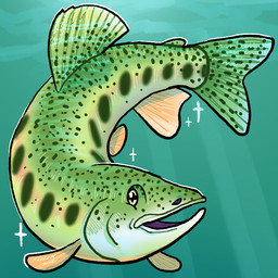 ambiguous_gender black_markings dorsal_fin featureless_crotch feral fin green_body markings multicolored_body open_mouth pectoral_fin smile solo sparkles spots spotted_body tail tail_fin underwater water yellow_eyes flamingpickle aquatic fish golden_trout trout 1:1 2025 digital_media_(artwork)