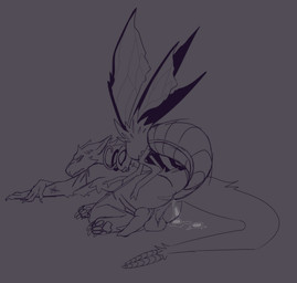 anal anal_penetration animal_genitalia animal_penis anthro balls bruised butt canine_genitalia canine_penis dominant dominant_feral duo egg egg_insertion erection feral genitals lying male on_side oviposition ovipositor ovipositor_in_ass penetration penis rear_view simple_background size_difference small_dom_big_sub submissive submissive_anthro submissive_male wings pantheggon arthropod insect mammal hi_res