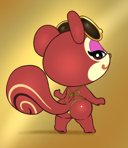 :3 abstract_background anthro bikini butt chibi clothing eyewear eyewear_on_head female gesture glistening glistening_body gold_bikini gradient_background hand_gesture looking_back makeup pawpads simple_background solo string_bikini sunglasses sunglasses_on_head swimwear swirly_tail thumbs_up two-piece_swimsuit wearing_sunglasses simski animal_crossing nintendo pecan_(animal_crossing) mammal rodent sciurid tree_squirrel