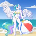 anthro anthrofied ball beach beach_ball big_breasts bikini biped breasts clothed clothing cloud detailed_background feathered_wings feathers female hair horn inflatable long_hair looking_at_viewer multicolored_hair navel outside pool_toy sand seaside sky smile solo spread_wings standing swimwear two-piece_swimsuit water white_body white_feathers wings daf friendship_is_magic hasbro my_little_pony mythology princess_celestia_(mlp) equid equine mammal mythological_creature mythological_equine winged_unicorn 2016 absurd_res hi_res