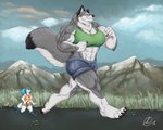 anthro big_muscles biped blue_hair bottomwear breasts clothing detailed_background duo exercise female fluffy fluffy_tail fur grey_body grey_fur hair jogging larger_female macro micro midriff mountain muscular muscular_female outside pawpads paws shirt shorts side_view size_difference smaller_female tail tank_top topwear white_body white_fur gravewalker karawuff luma_(character) canid canine canis mammal wolf digital_media_(artwork)