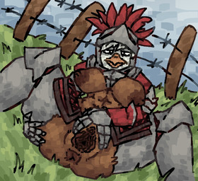abs anthro anus areola armor barbed_wire_fence beak beak_closed big_breasts blue_sky breasts brown_areola brown_body double_spread feather_hair feathers female genitals grass half-closed_eyes headgear helmet knight_armor looking_at_viewer lying mouth_closed narrowed_eyes nipples non-mammal_breasts non-mammal_nipples non-mammal_vulva on_ground plant presenting presenting_vulva pseudo_hair red_body red_feathers shoulder_pads sky solo spread_legs spread_vulva spreading upset vulva white_head scaliescum jane_(breegulleagle) avian aliasing digital_media_(artwork) hi_res