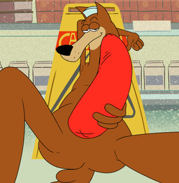 anthro aroused aroused_face aroused_smile brown_body brown_fur butt clothing crotch_shot detailed_background fluffy fluffy_tail food fur half-closed_eyes hand_behind_head hat headgear headwear holding_food holding_object leaning leaning_backward leaning_on_object leaning_on_sign male narrowed_eyes null raised_leg sign slightly_chubby smile smiling_at_viewer smirk smirking_at_viewer solo spread_legs spreading store store_clerk store_sign tail bob-jiggles cartoon_network hbo_max jellystone_(hbo_max) warner_brothers mildew_wolf canid canine canis mammal wolf absurd_res hi_res